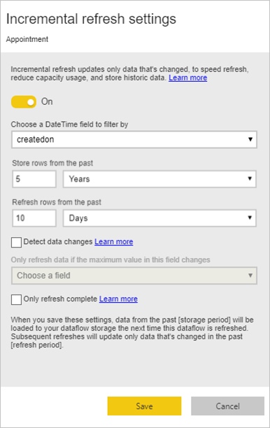 Captura de ecrã do diálogo de configurações de atualização incremental usado para atualizar fluxos de dados.