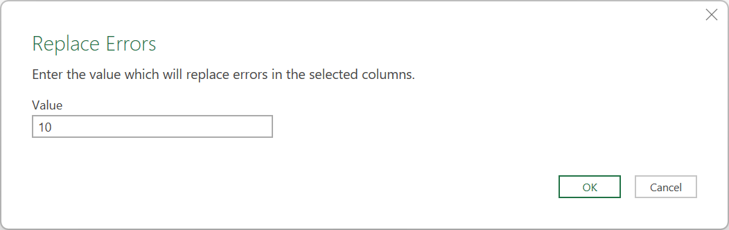Captura de ecrã da caixa de diálogo Erros de substituição com o valor definido como 10.
