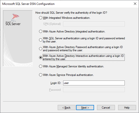 O painel de criação e edição da DSN com autenticação Microsoft Entra-Interactive selecionada.