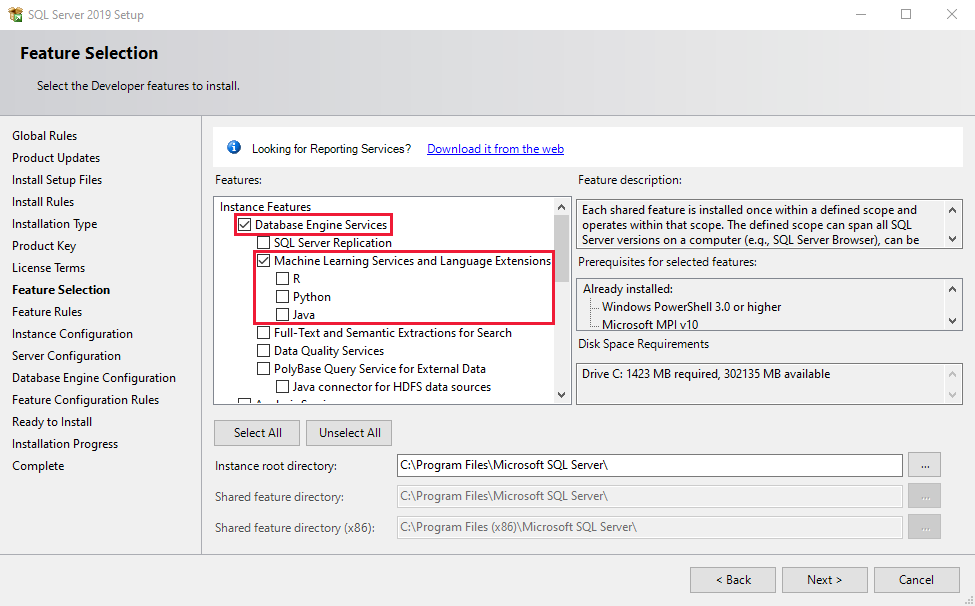 Configuração de extensões de linguagem SQL Server 2019.