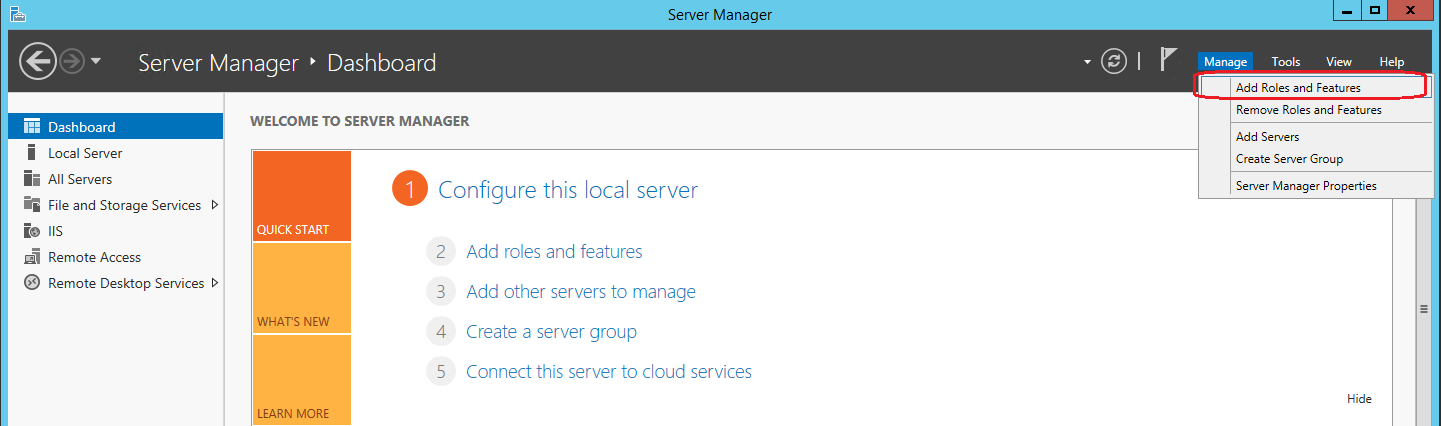 Em Gerenciamento de Servidor, o comando de menu Adicionar Funções e Recursos
