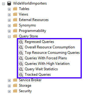 Captura de ecrã da árvore de relatórios do Repositório de Consultas no Pesquisador de Objetos do SSMS.