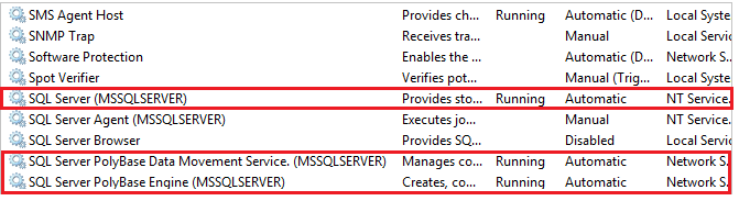 Captura de ecrã para parar e iniciar os serviços PolyBase em services.msc.
