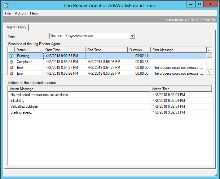 Captura de tela do Log Reader Agent em execução sem transações replicadas.