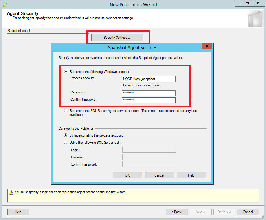 Seleções para definir a segurança do Snapshot Agent