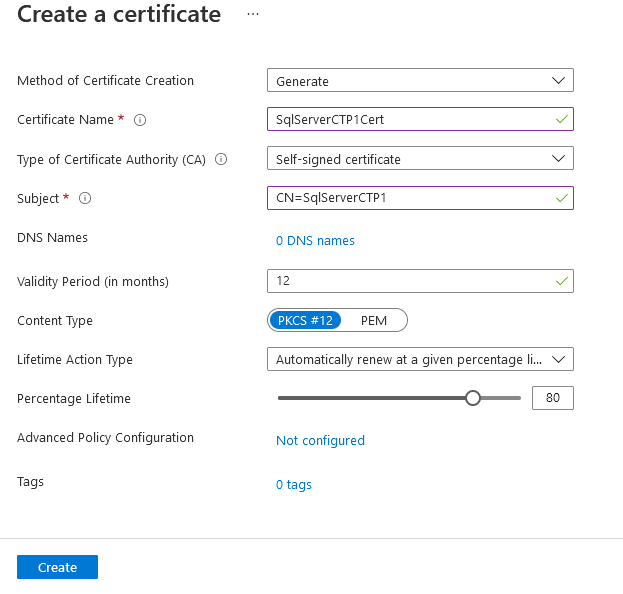 Captura de ecrã da criação de certificados no portal do Azure.