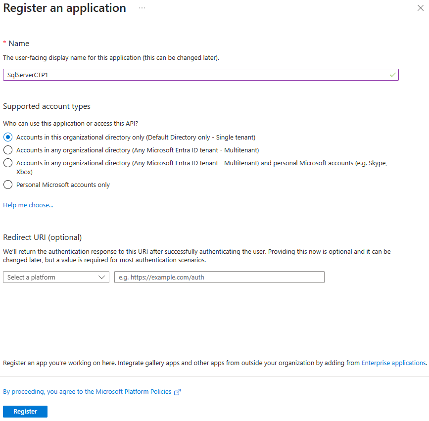 Captura de ecrã a mostrar o registo da aplicação no portal do Azure.