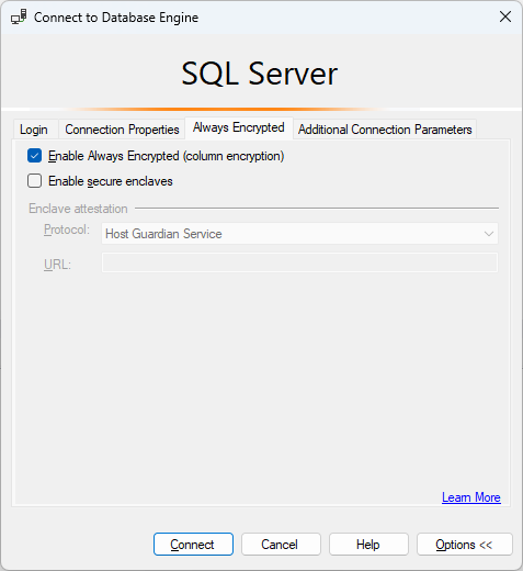 Captura de ecrã da opção de ligação SSMS para Sempre Encriptado ativado.