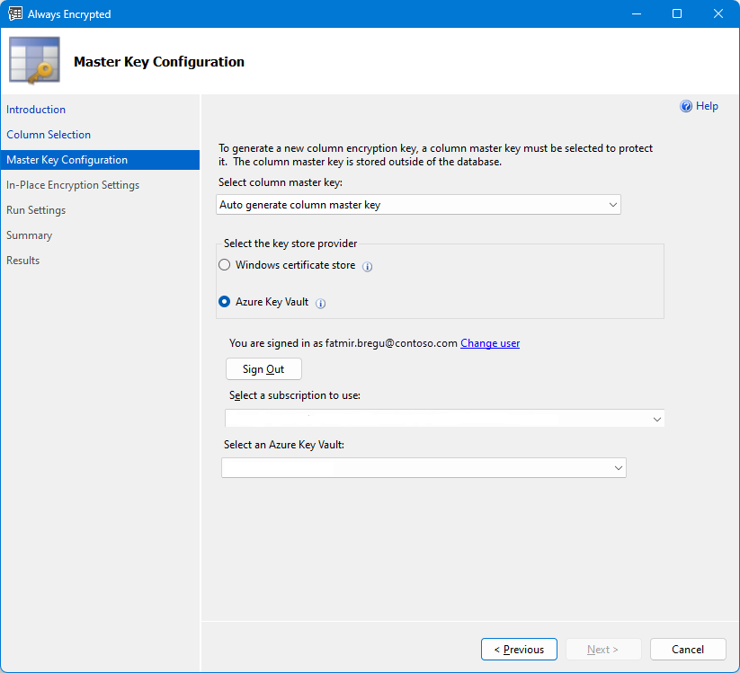 Captura de ecrã da seleção da chave mestra do Assistente Sempre Encriptado usando o Azure Key Vault.