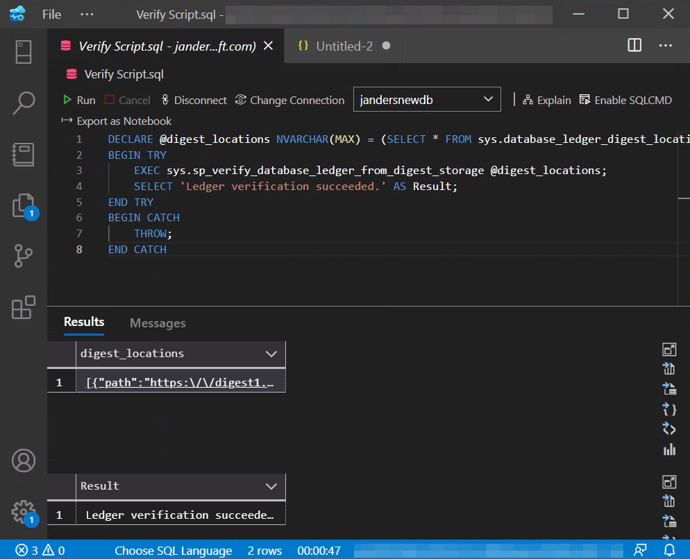 Captura de ecrã de execução da verificação do livro-razão usando o Visual Studio Code.