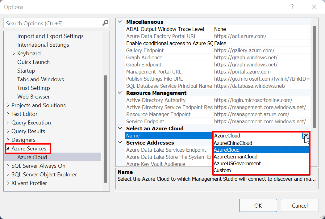 Captura de ecrã da seleção do tipo de nuvem de Azure no SSMS