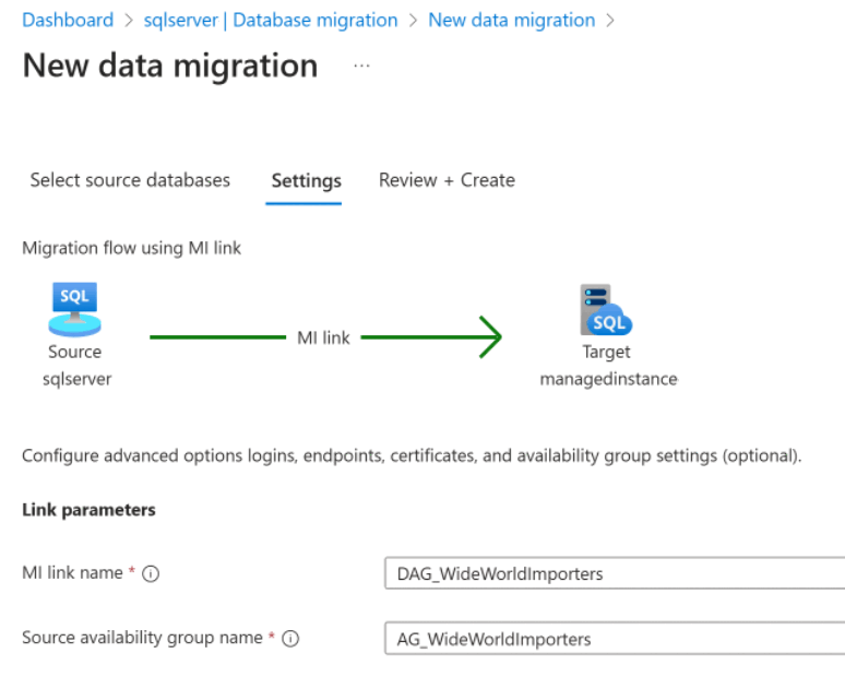 Captura de ecrã dos parâmetros do link na página de definições de uma nova migração de dados no portal Azure.