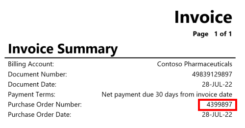 Captura de ecrã da fatura de amostra com o Número da Nota de Compra realçado.