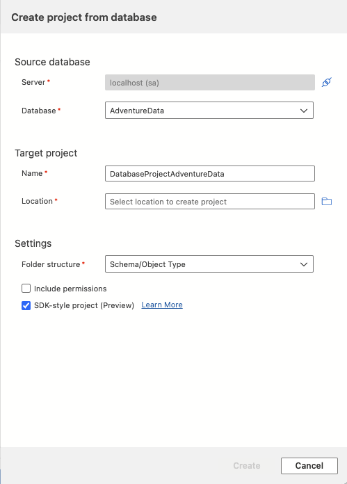 Captura de ecrã do Criar projeto a partir do diálogo da base de dados em Visual Studio Code.