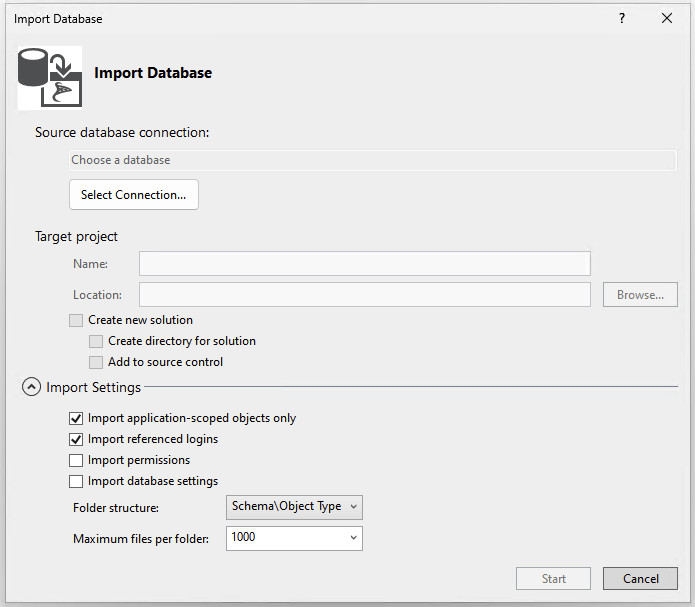 Captura de ecrã do diálogo Importar Base de Dados em Visual Studio.