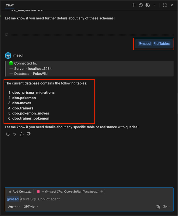 Captura de tela mostrando o uso do comando /listTables slash no chat do GitHub Copilot.