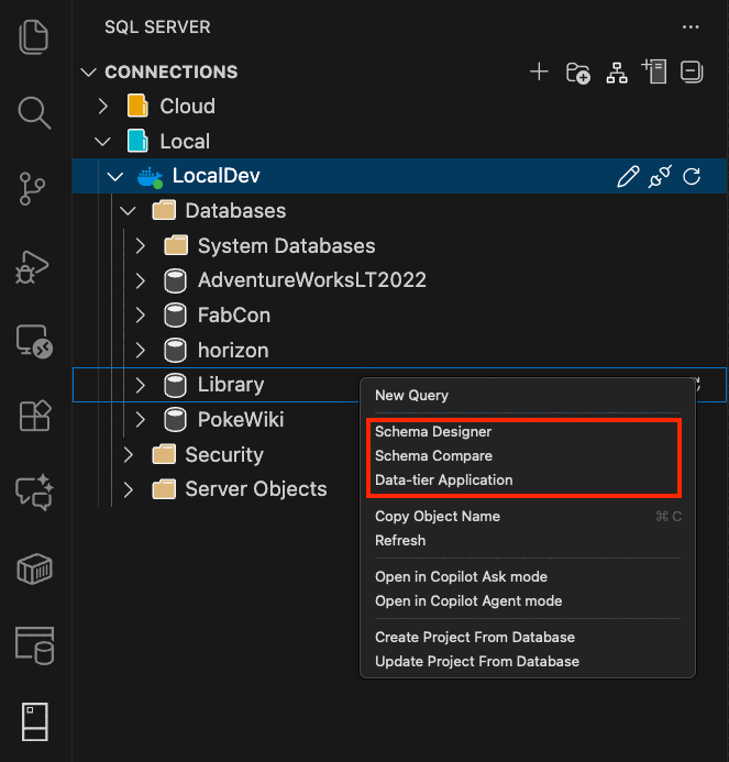 Captura de ecrã do lançamento da experiência de aplicação Data-tier na extensão MSSQL para Visual Studio Code.
