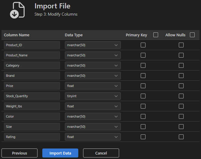 Captura de ecrã do Assistente de Importação de Ficheiro Passo 3 mostrando opções de modificação de colunas.