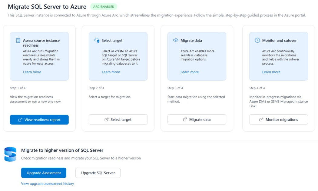 Captura de ecrã do separador de Migração mostrando opções de migração para SQL Server instâncias ativadas por Azure Arc.