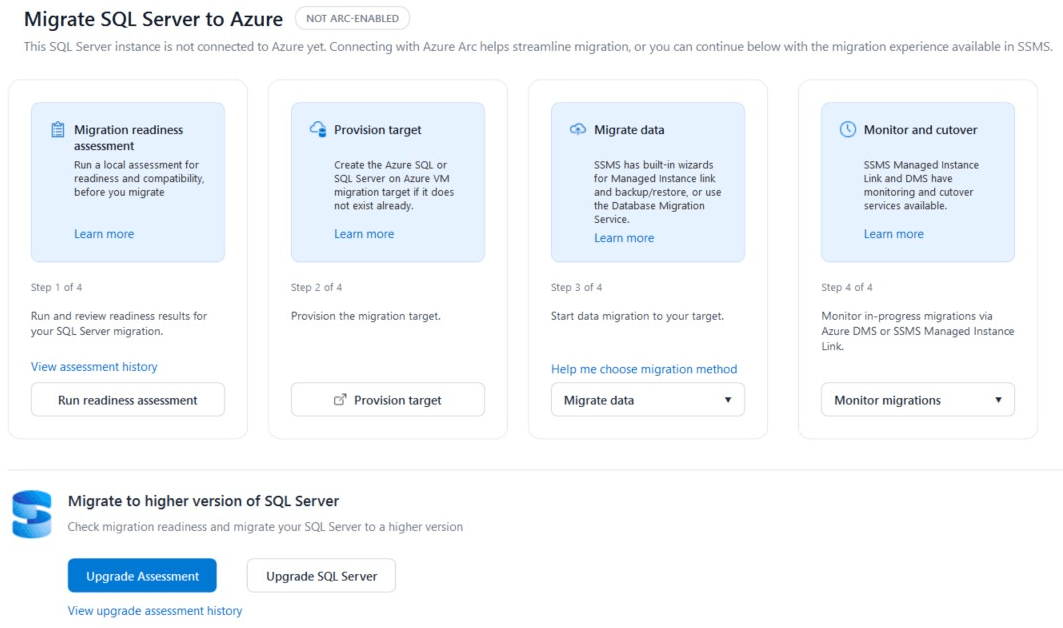 Captura de ecrã do separador Migration a mostrar opções de migração para instâncias de SQL Server independentes.