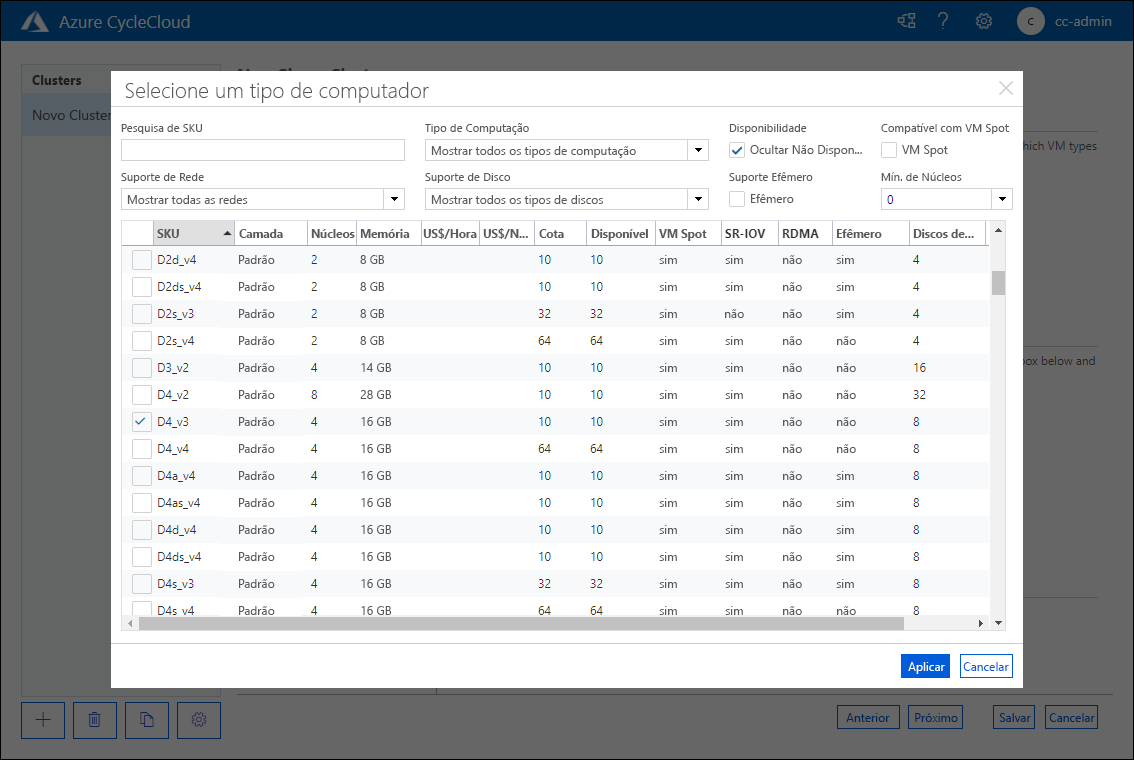 Captura de ecrã que mostra a janela pop-up Selecionar um tipo de máquina da página Novo Cluster Slurm da aplicação web Azure CycleCloud.