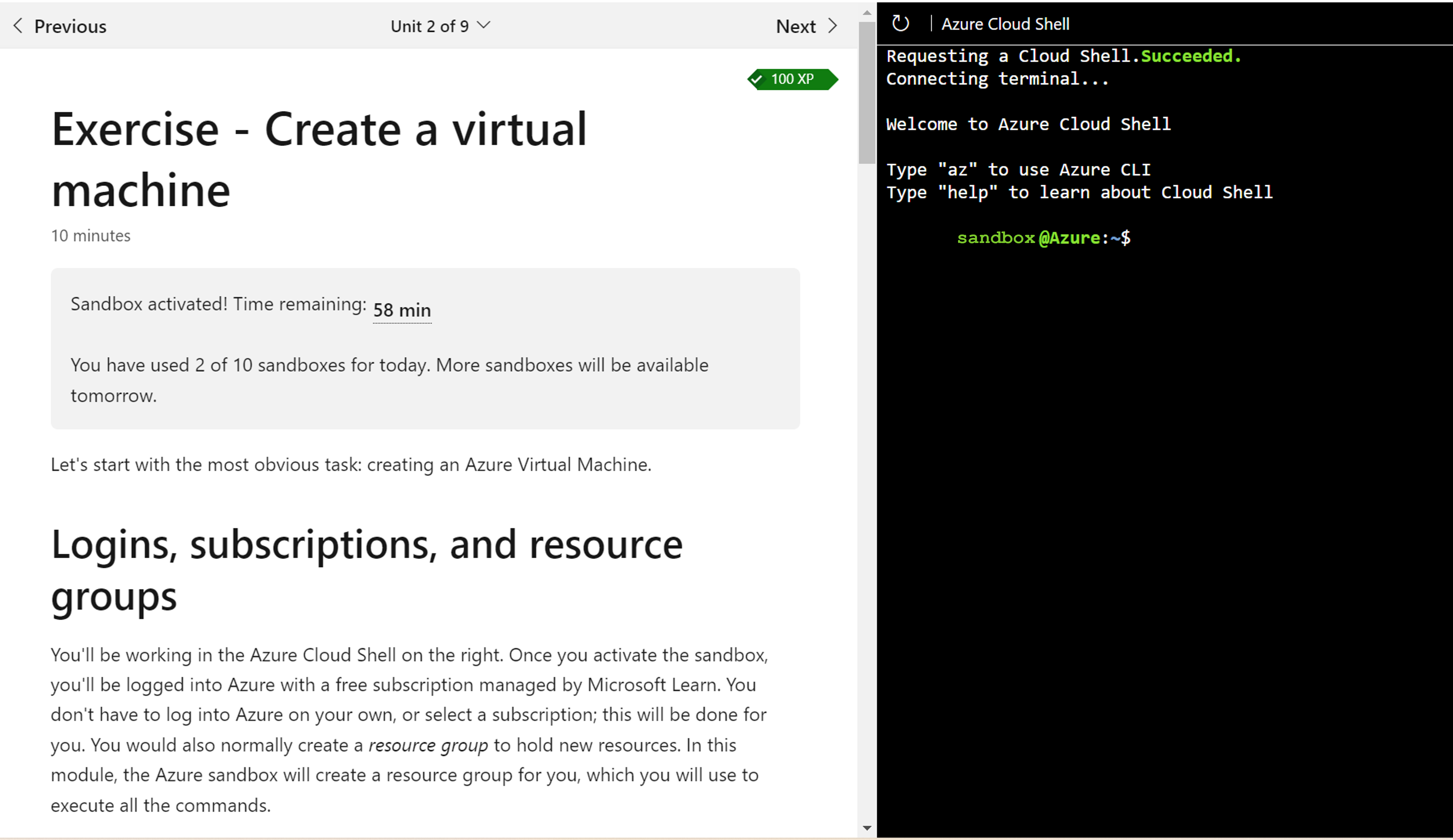 Captura de ecrã de uma unidade Microsoft Learn com texto de conteúdo de treino e sandbox lado a lado