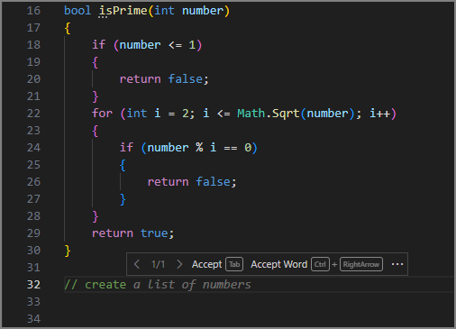 Captura de ecrã do editor Visual Studio Code mostrando uma sugestão de texto fantasma completando o comentário '// criar uma lista de números'.