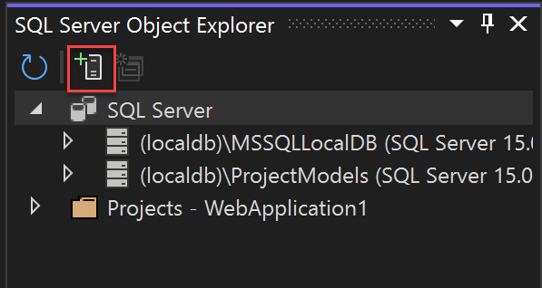 Captura de ecrã do botão Adicionar SQL Server no SQL Server Object Explorer
