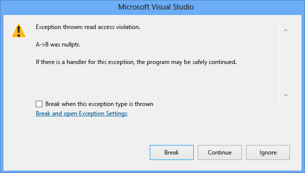 Captura de tela de uma caixa de diálogo de exceção do Microsoft Visual Studio, mostrando uma violação de acesso de leitura para 'A-B> was nullptr'. O botão Quebrar está selecionado.