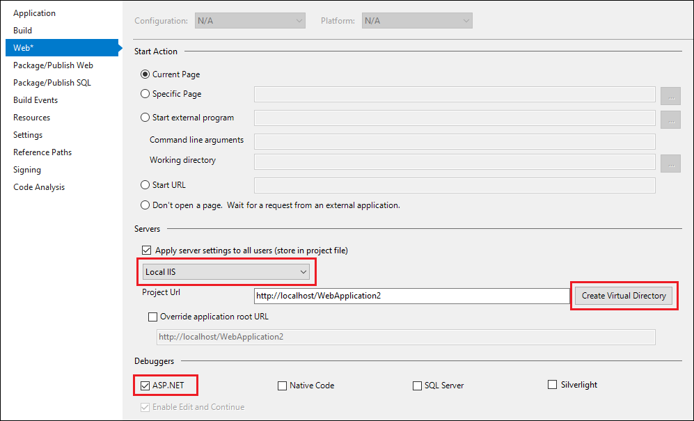 Captura de ecrã que mostra configurações do depurador ASP.NET.