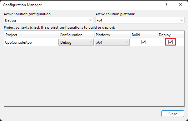 Captura de ecrã do Configuration Manager no Visual Studio Solution Explorer. A configuração de Debug está selecionada e o Deploy está verificado.