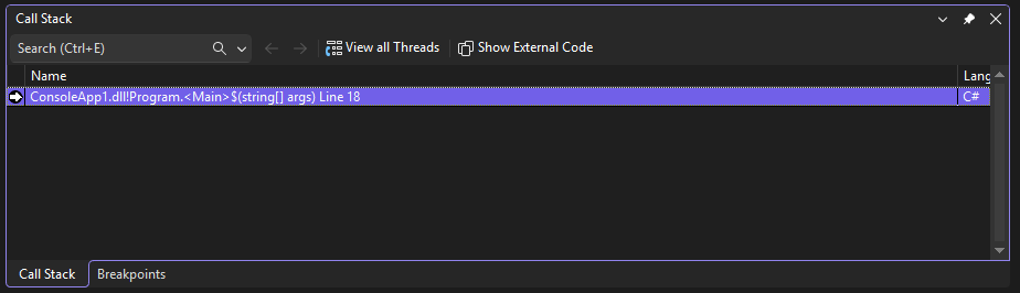 Captura de ecrã que mostra a janela do Call Stack.