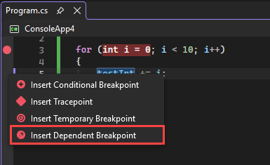 Captura de ecrã que mostra o comando Inserir Ponto de Interrupção Dependente.