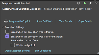 Captura de ecrã que mostra uma exceção não tratada do Windows Form.