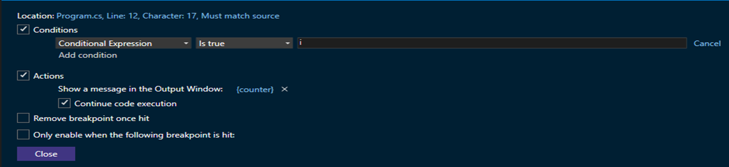 Captura de tela mostrando quando a expressão condicional é alterada.