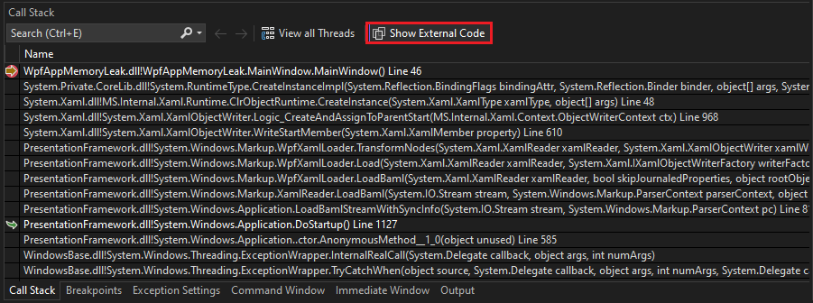Captura de ecrã da janela Call Stack a mostrar código externo.