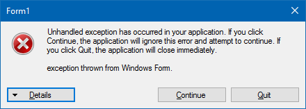 exceção não tratada do Windows Form