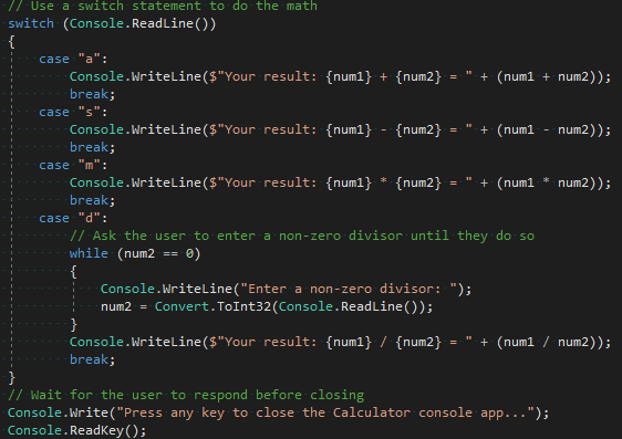 Captura de ecrã que mostra a secção do interruptor revisto no editor Visual Studio Code.