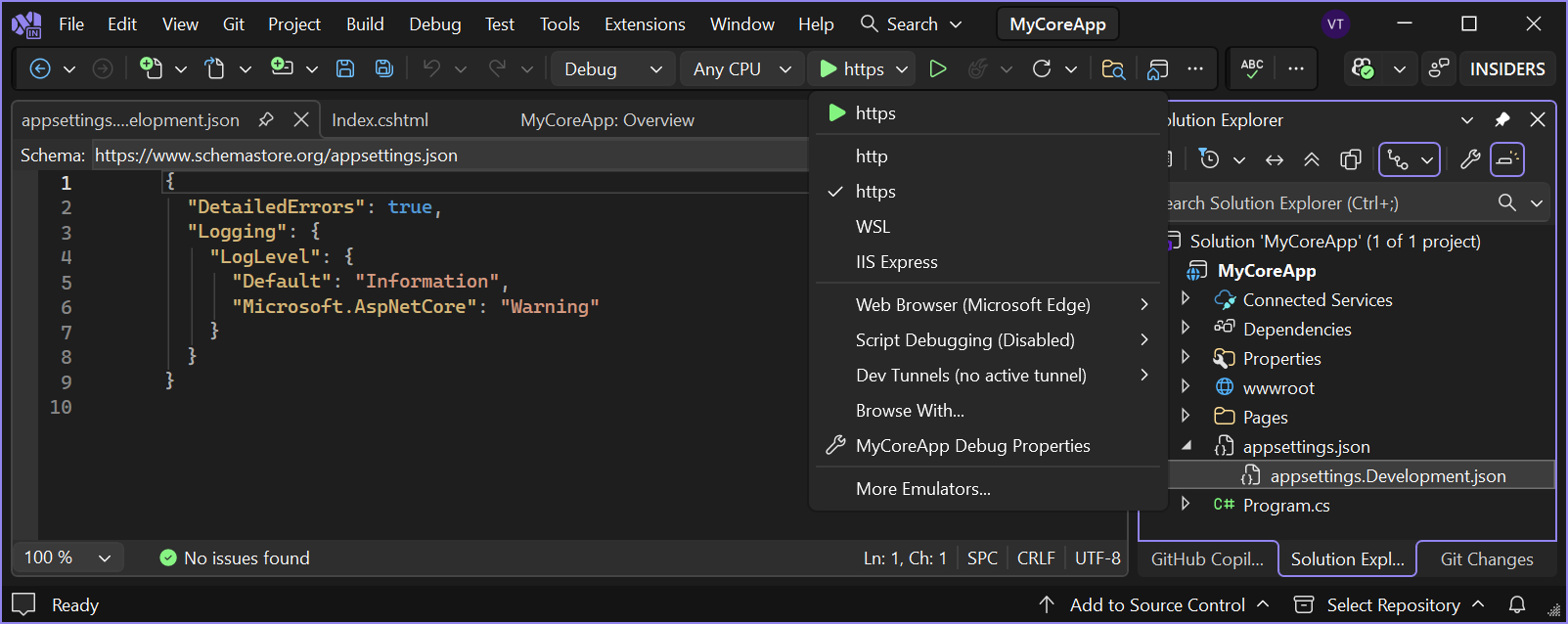 Captura de tela mostra o botão https realçado na barra de ferramentas no Visual Studio.