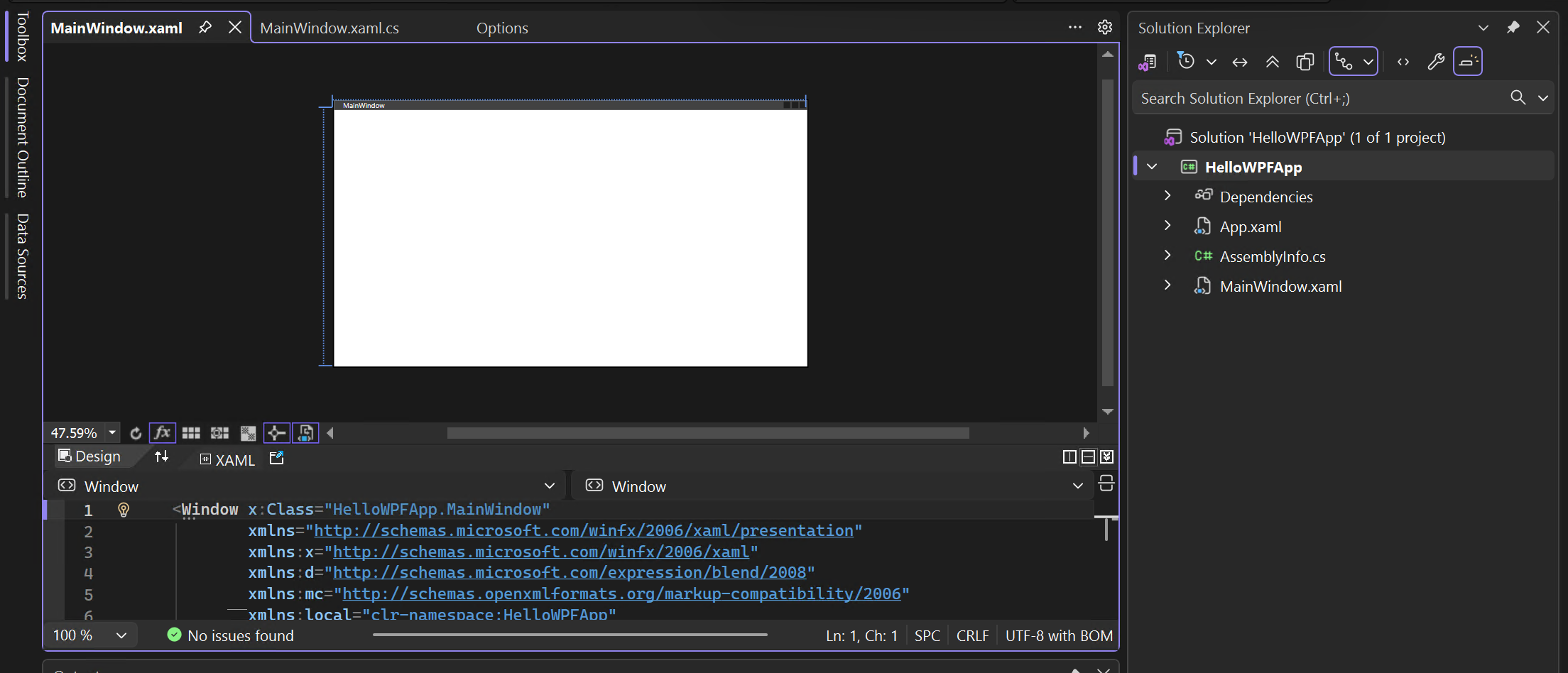 Captura de ecrã do projeto e da solução no Explorador de Soluções, com as vistas XAML e do designer de 'MainWindow.xaml' abertas.