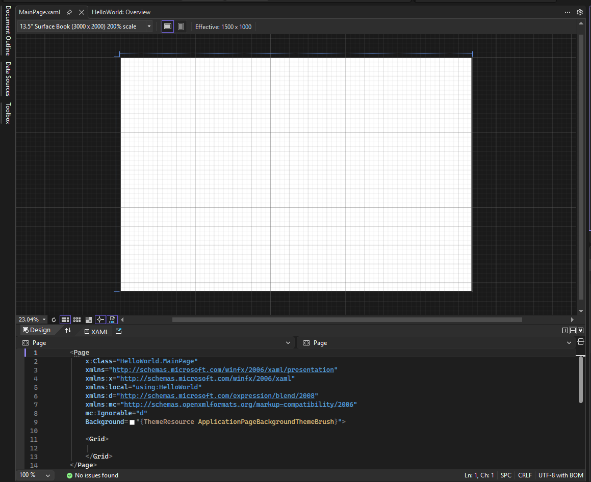 Captura de tela mostrando MainPage.xaml aberto no IDE do Visual Studio. O painel Designer XAML mostra uma superfície de design em branco e o painel Editor XAML mostra parte do código XAML.
