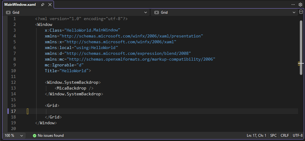 Captura de tela mostrando MainWindow.xaml aberto no IDE do Visual Studio. O painel Editor XAML mostra a marcação XAML para a janela.