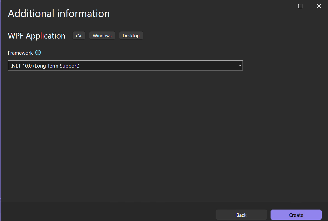 Captura de ecrã que mostra a janela de informação adicional com o .NET 10.0 selecionado como framework alvo para o novo projeto.