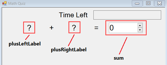 Captura de tela que mostra a primeira linha do teste de matemática, com rótulos visíveis e um controle com teclas de seta que exibe um zero.