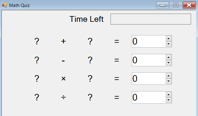 Captura de tela que mostra um questionário de matemática com quatro linhas de problemas, com rótulos e controles com teclas de seta visíveis.
