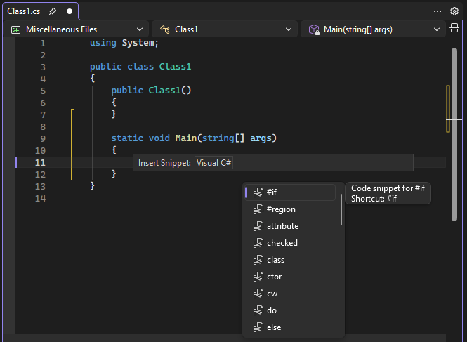 Captura de tela de um pop-up do IntelliSense para uma lista de trechos de código C#.
