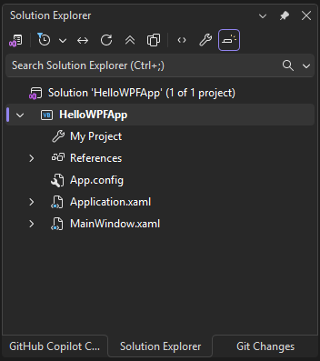 Captura de ecrã mostrando os ficheiros no projeto e solução HelloWPFApp na Explorador de Soluções.