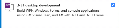 Captura de tela mostrando a carga de trabalho de desenvolvimento da área de trabalho .NET no instalador do Visual Studio.