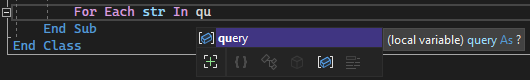  Captura de ecrã da janela de conclusão de palavras do IntelliSense para a palavra 'query' no editor de código em Visual Studio.
