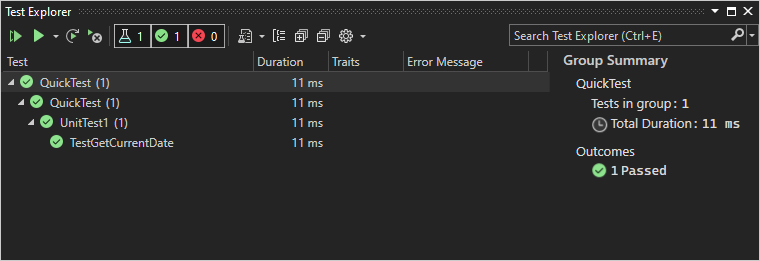 Captura de ecrã do Explorador de Testes em Visual Studio mostrando que o teste TestGetCurrentDate passou.